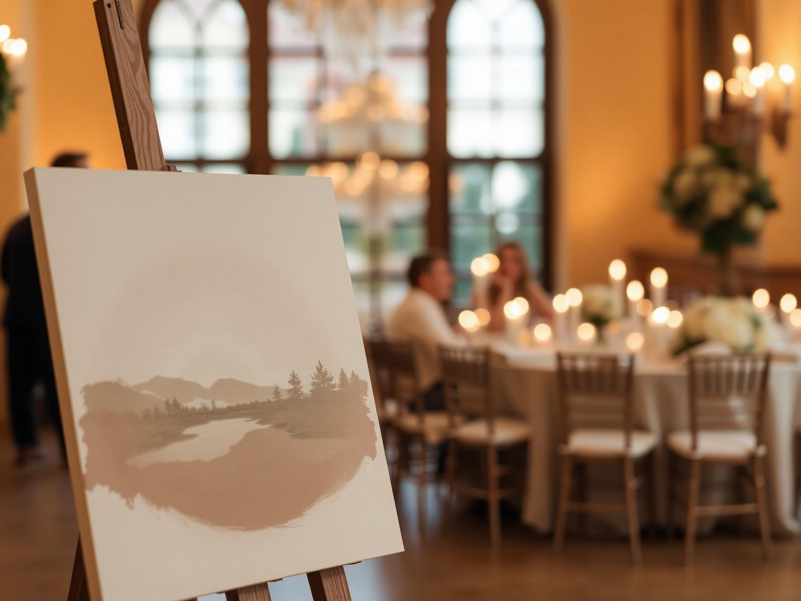 An artist's easel with a wedding painting in progress at a candlelit reception